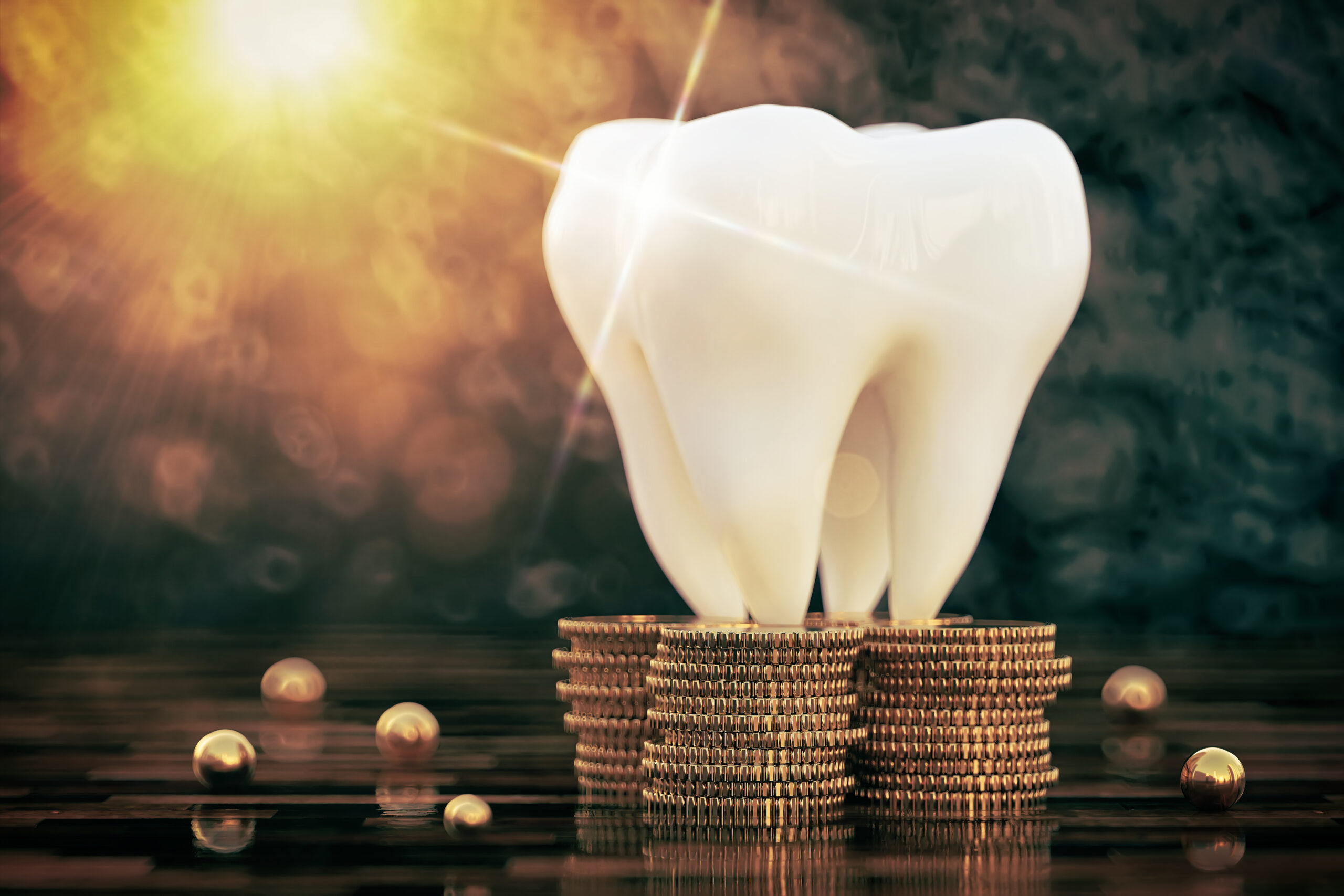 Big teeth on a stack of golden coins. Concept expensive dentistry or dental insurance, 3d illustration